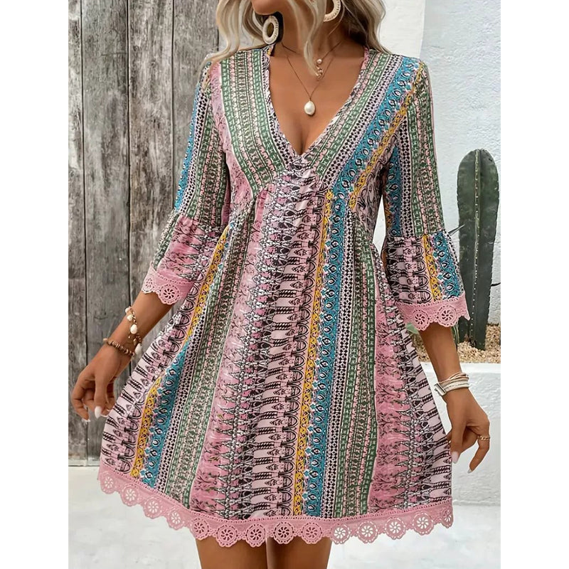 Robe Courte Bohème à Imprimé et Col V pour Femme