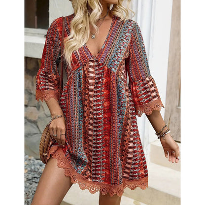 Robe Courte Bohème à Imprimé et Col V pour Femme