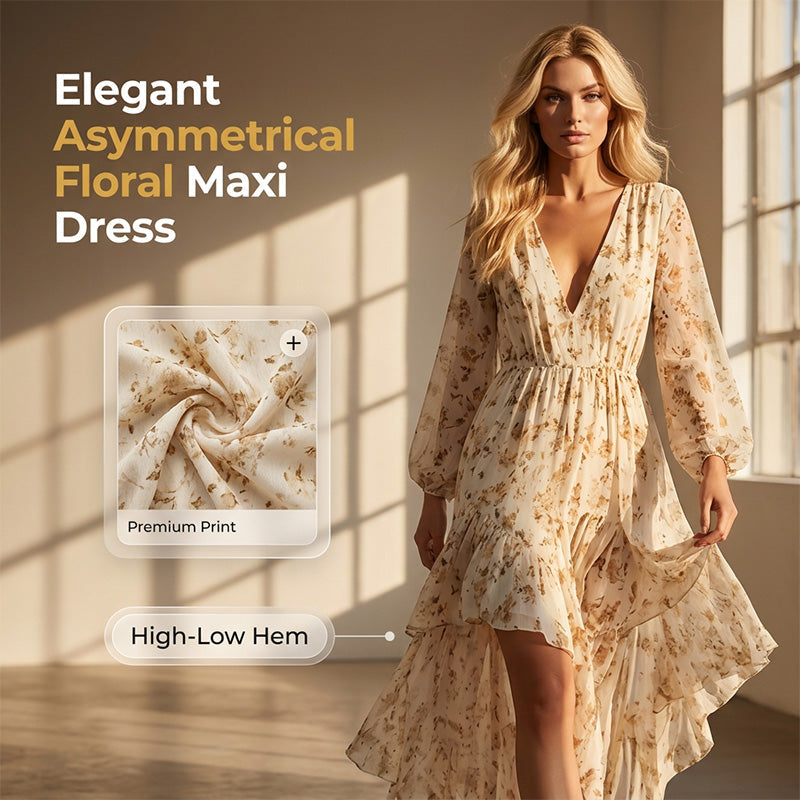 Robe femme florale col V à jupe asymétrique