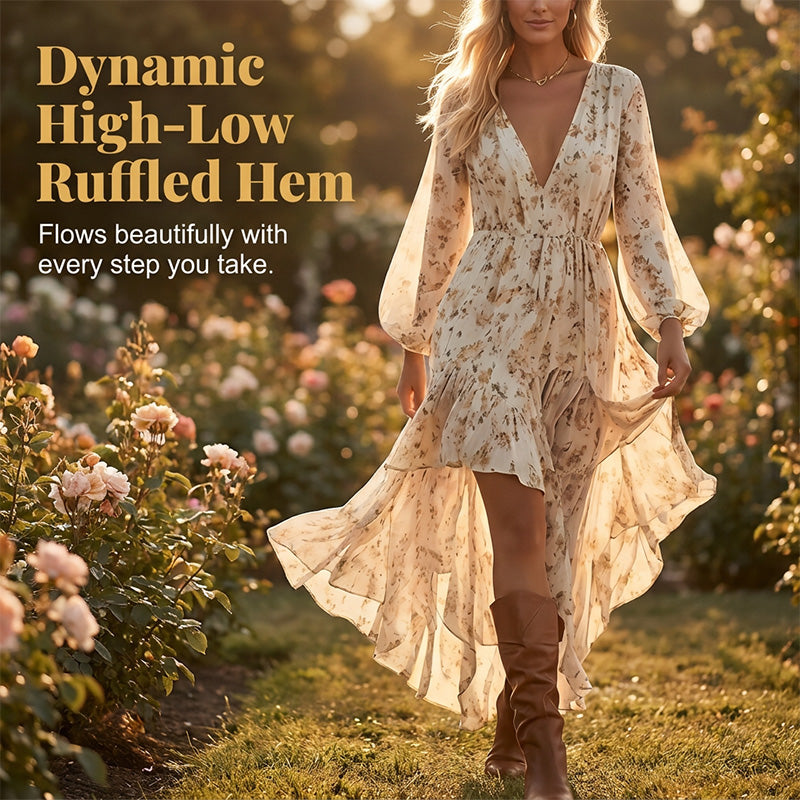 Robe femme florale col V à jupe asymétrique