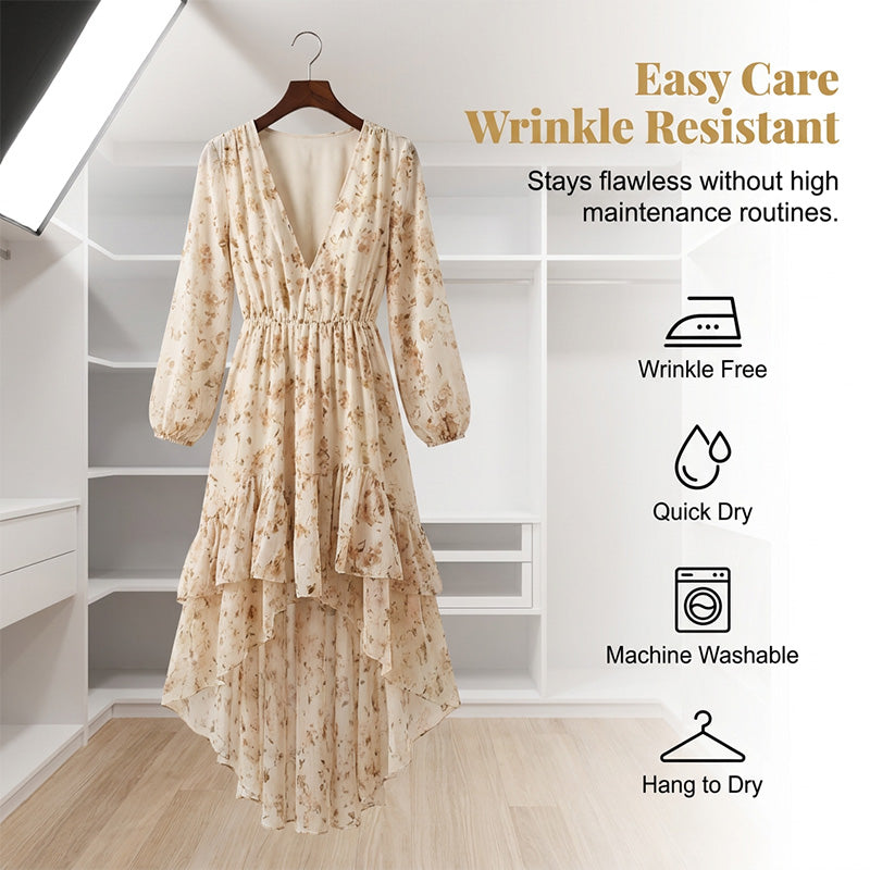 Robe femme florale col V à jupe asymétrique