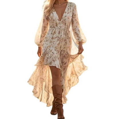 Robe femme florale col V à jupe asymétrique