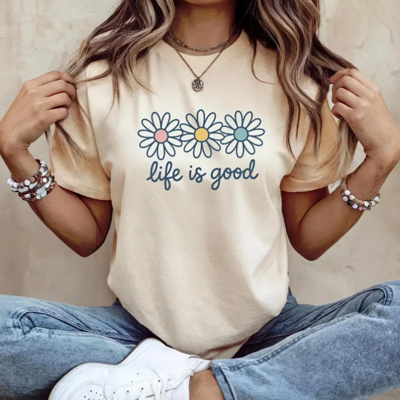 👕 PROMO LIMITÉE 50% DE RÉDUCTION ! ✨ T-Shirt „Life is Good“ – Motif Marguerite, Coton ✨