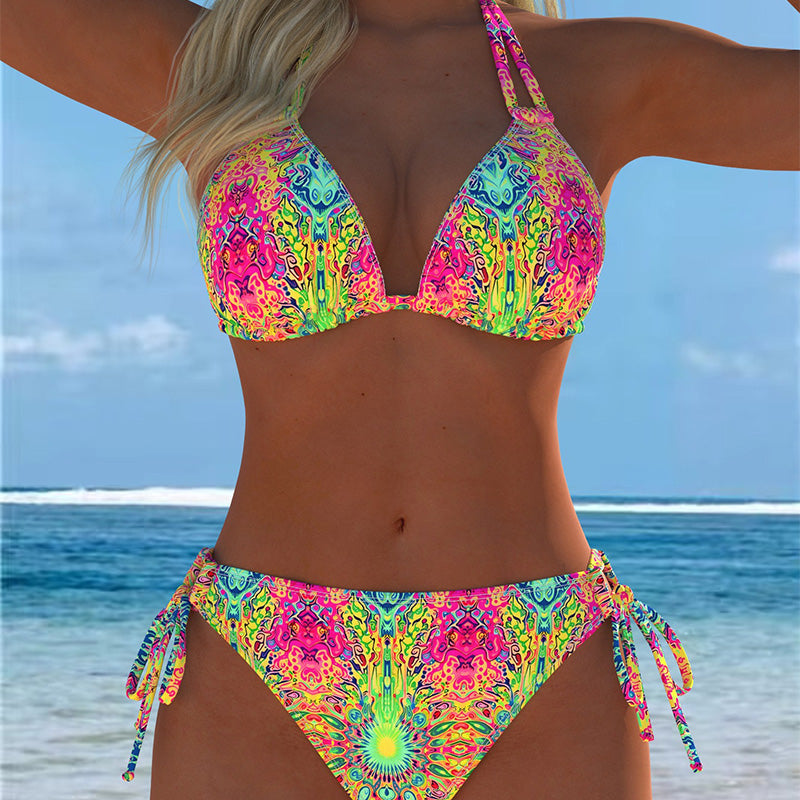 Ensemble Maillot de Bain 2 Pièces Col Halter à Imprimé Coloré