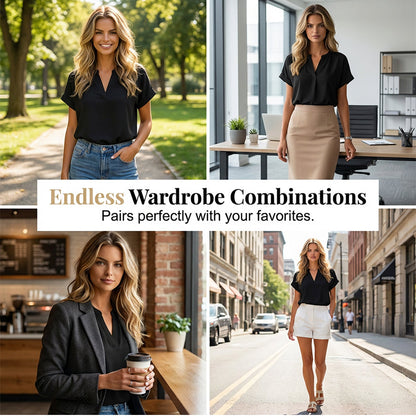 🌸Haut décontracté à manches courtes et col en V pour femme✅ Lightweight & Elegant | Chic du Jour au Soir ✨