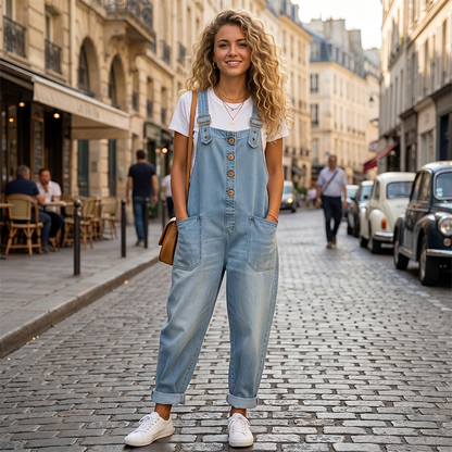 Salopette en jean décontractée et ample pour femme avec poches
