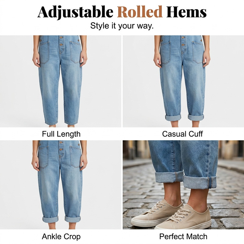 Salopette en jean décontractée et ample pour femme avec poches