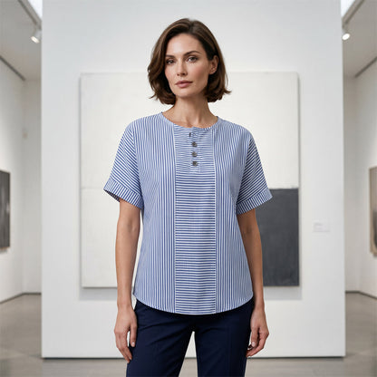 T-shirt Henley Femme Décontracté à Rayures