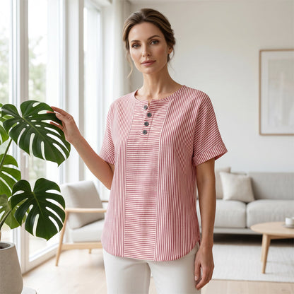 T-shirt Henley Femme Décontracté à Rayures