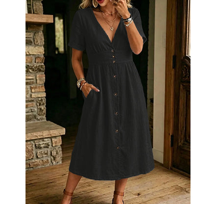 Robe d'Été Femme à Col V Boutonnée