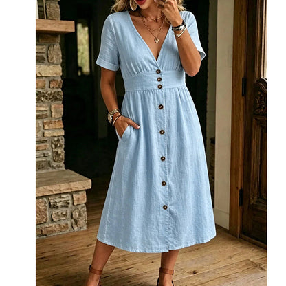 Robe d'Été Femme à Col V Boutonnée