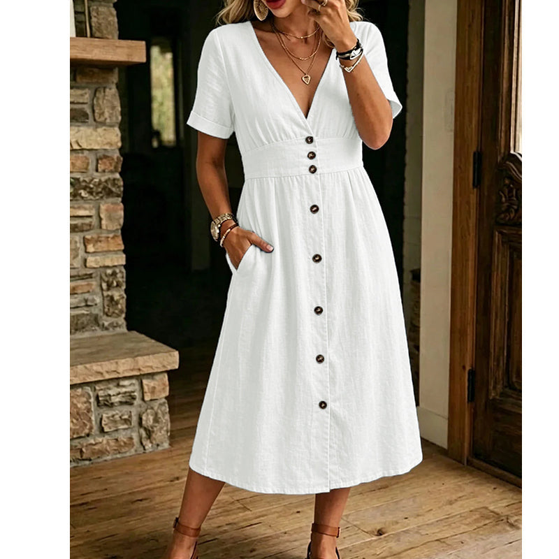 Robe d'Été Femme à Col V Boutonnée