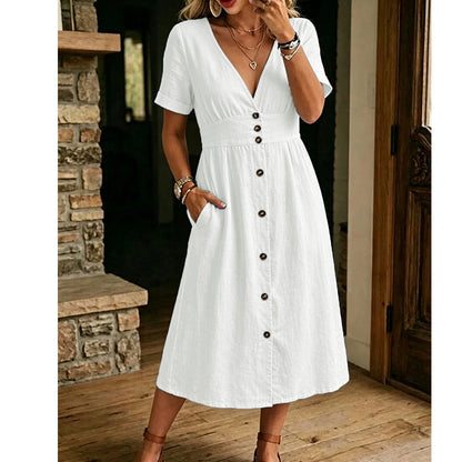 Robe d'Été Femme à Col V Boutonnée