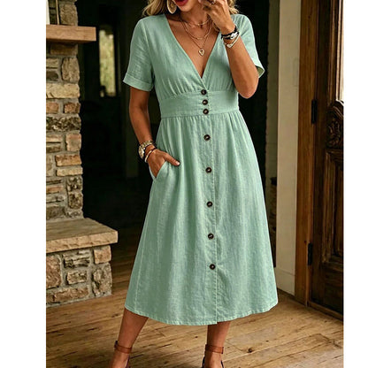 Robe d'Été Femme à Col V Boutonnée