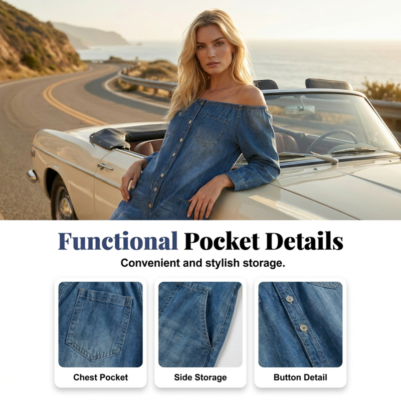 💐50% DE RÉDUCTION ! Combinaison Jean À Épaules Dénudées – Tendance & Féminine 🔥👗【Offre Limitée】