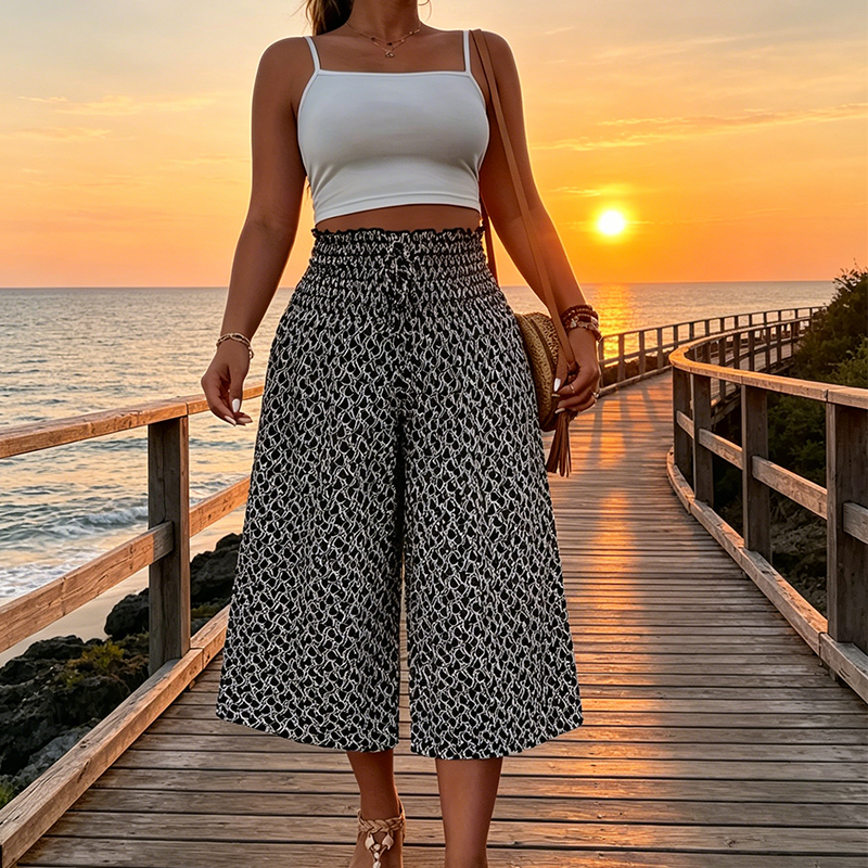 Pantalon capri à jambe large taille haute smockée pour femme