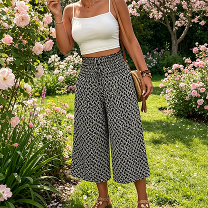 Pantalon capri à jambe large taille haute smockée pour femme