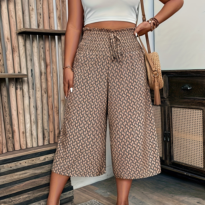 Pantalon capri à jambe large taille haute smockée pour femme