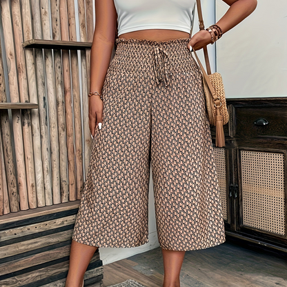 Pantalon capri à jambe large taille haute smockée pour femme