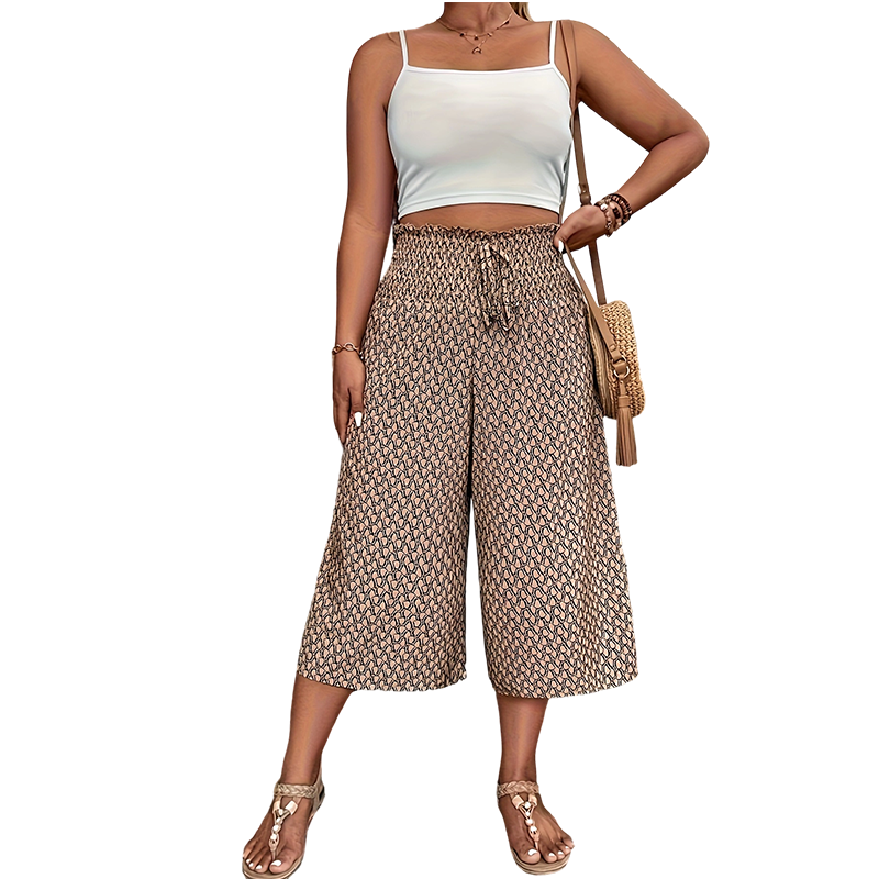 Pantalon capri à jambe large taille haute smockée pour femme