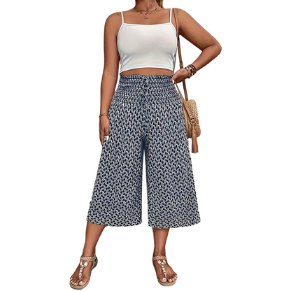 Pantalon capri à jambe large taille haute smockée pour femme