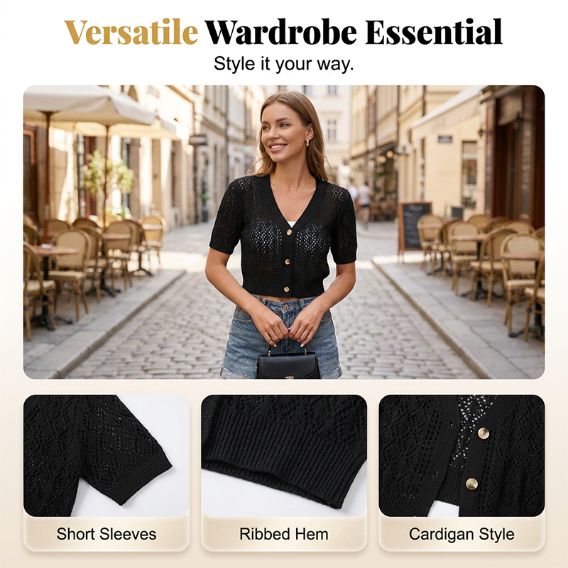 Pull Court Col V Boutonné pour Femme