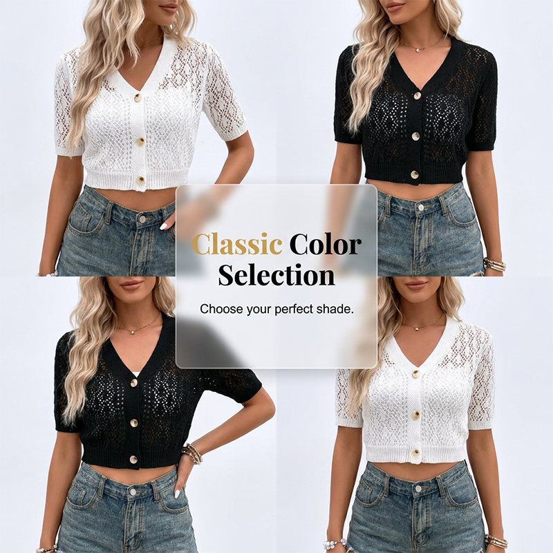 Pull Court Col V Boutonné pour Femme