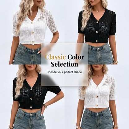 Pull Court Col V Boutonné pour Femme