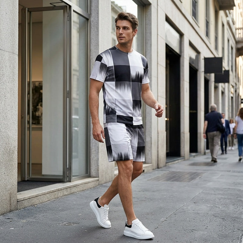 😎Ensemble abstrait moderne ✨Ensemble t-shirt et short à imprimé abstrait pour homme