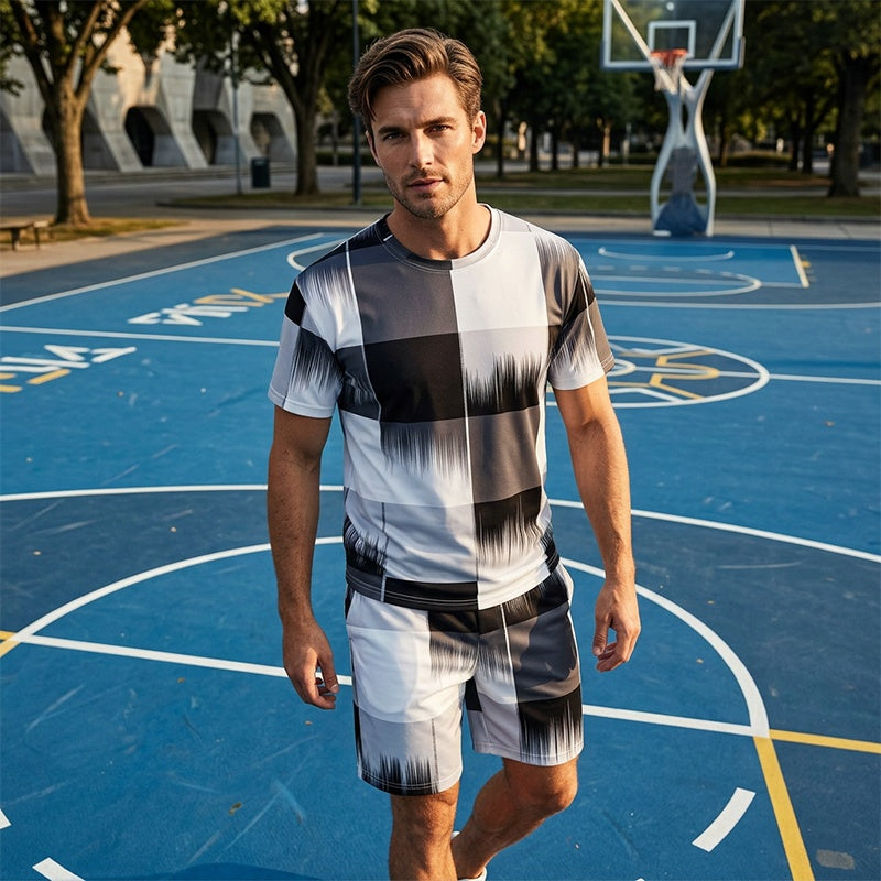 😎Ensemble abstrait moderne ✨Ensemble t-shirt et short à imprimé abstrait pour homme
