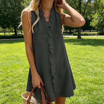👗 50% DE RÉDUCTION 🌸 Robe courte boutonnée avec bords à volants pour femme – Fluide, légère & romantique – Parfaite pour l’été, les brunchs ou les journées décontractées – style effortless ✨