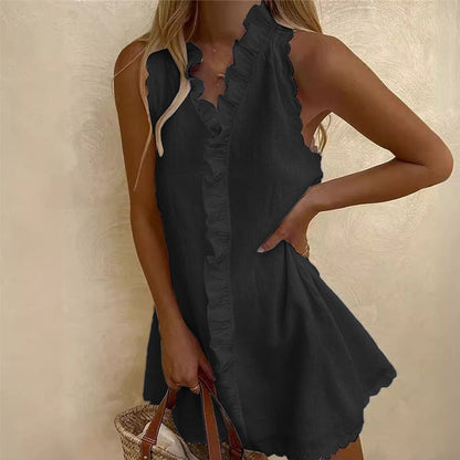 👗 50% DE RÉDUCTION 🌸 Robe courte boutonnée avec bords à volants pour femme – Fluide, légère & romantique – Parfaite pour l’été, les brunchs ou les journées décontractées – style effortless ✨