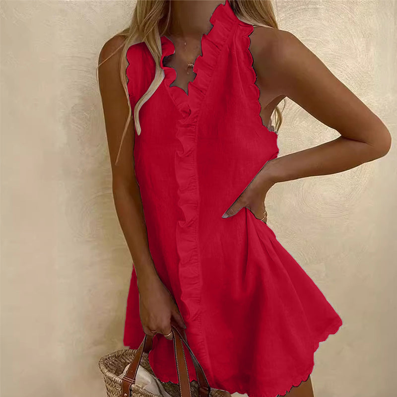 👗 50% DE RÉDUCTION 🌸 Robe courte boutonnée avec bords à volants pour femme – Fluide, légère & romantique – Parfaite pour l’été, les brunchs ou les journées décontractées – style effortless ✨