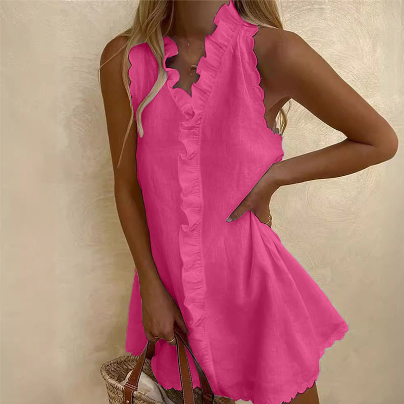 👗 50% DE RÉDUCTION 🌸 Robe courte boutonnée avec bords à volants pour femme – Fluide, légère & romantique – Parfaite pour l’été, les brunchs ou les journées décontractées – style effortless ✨