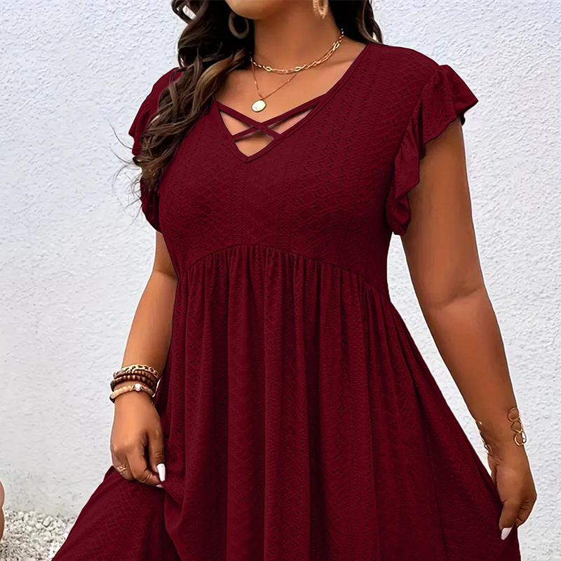 Robe à col en V et volants pour femme