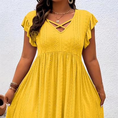 Robe à col en V et volants pour femme