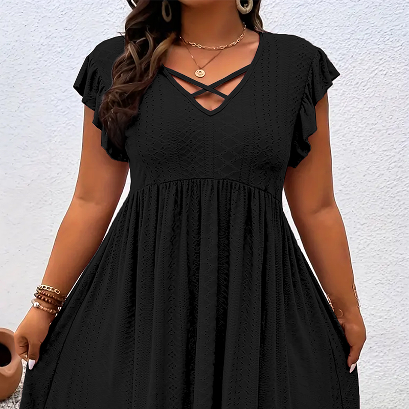 Robe à col en V et volants pour femme