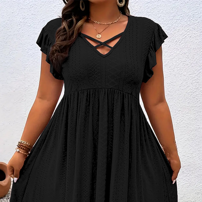 Robe à col en V et volants pour femme