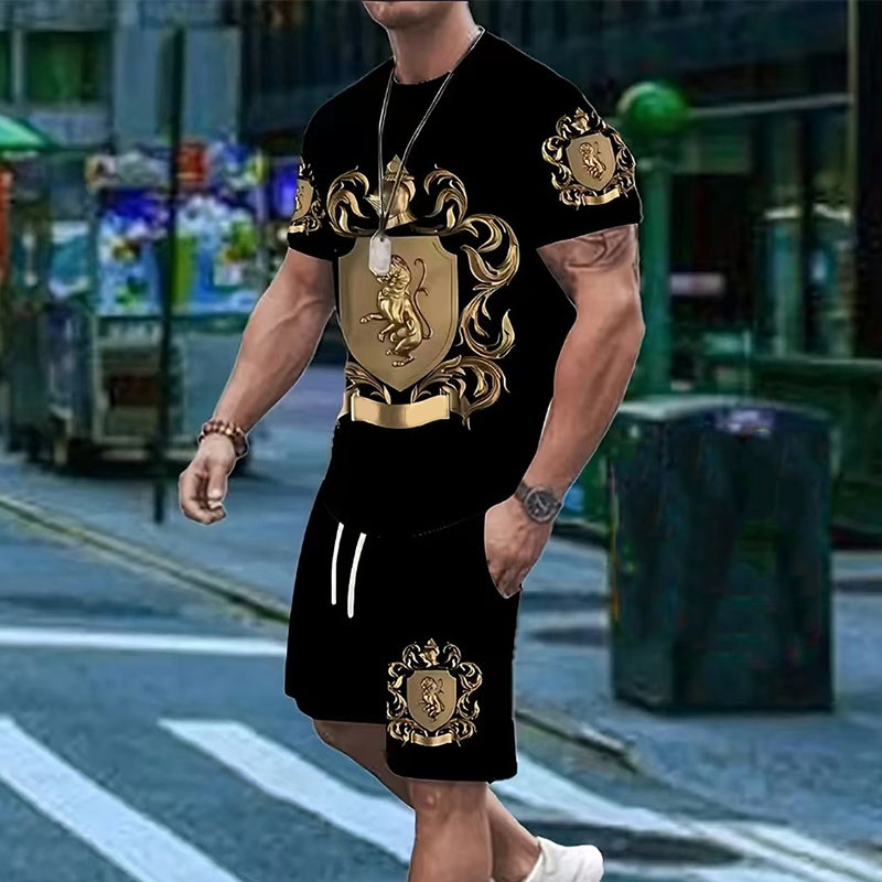 👑✨ PROMO FLASH 50% ! Ensemble Homme Blason Doré – T-shirt & Short Décontracté, Tissu Léger, Ceinture Élastique, Style Urbain Chic 🎽
