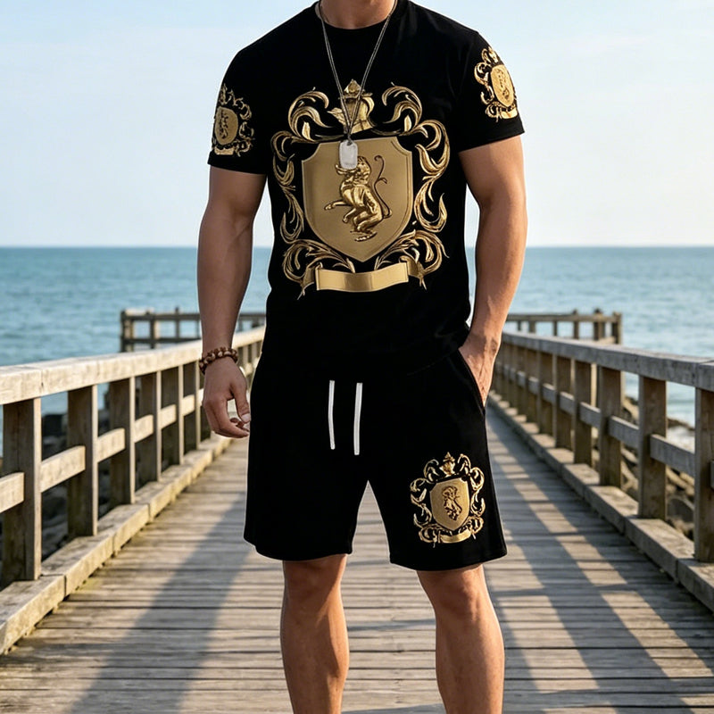 👑✨ PROMO FLASH 50% ! Ensemble Homme Blason Doré – T-shirt & Short Décontracté, Tissu Léger, Ceinture Élastique, Style Urbain Chic 🎽