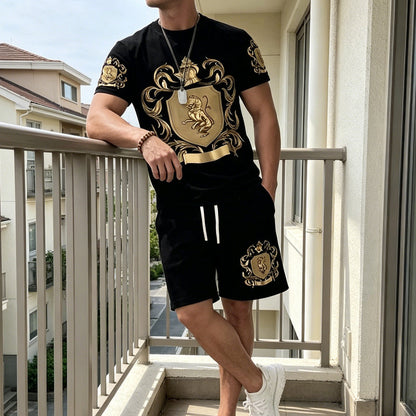 👑✨ PROMO FLASH 50% ! Ensemble Homme Blason Doré – T-shirt & Short Décontracté, Tissu Léger, Ceinture Élastique, Style Urbain Chic 🎽
