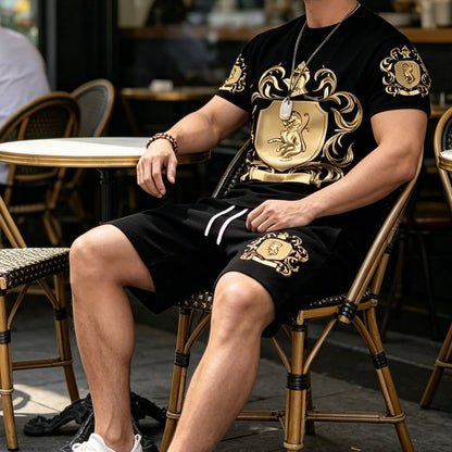 👑✨ PROMO FLASH 50% ! Ensemble Homme Blason Doré – T-shirt & Short Décontracté, Tissu Léger, Ceinture Élastique, Style Urbain Chic 🎽