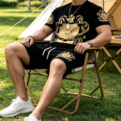 👑✨ PROMO FLASH 50% ! Ensemble Homme Blason Doré – T-shirt & Short Décontracté, Tissu Léger, Ceinture Élastique, Style Urbain Chic 🎽