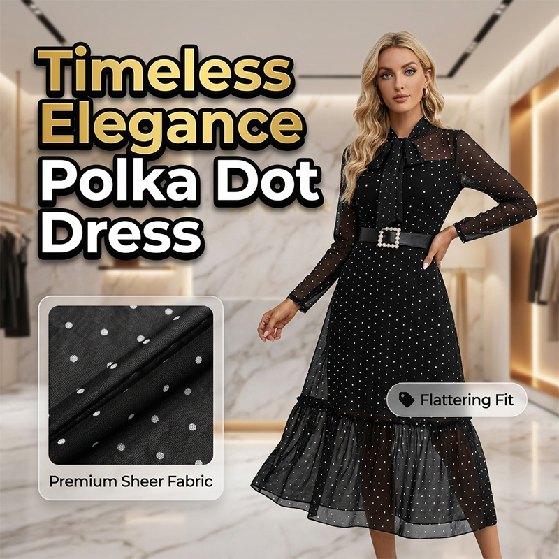 🎀✨ PROMO FLASH 50% ! Robe Mi-Longue Élégante à Pois et Col Lacet – Coupe A, Manches Transparentes, Style Intemporel pour Occasions Chic 👗