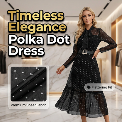 🎀✨ PROMO FLASH 50% ! Robe Mi-Longue Élégante à Pois et Col Lacet – Coupe A, Manches Transparentes, Style Intemporel pour Occasions Chic 👗
