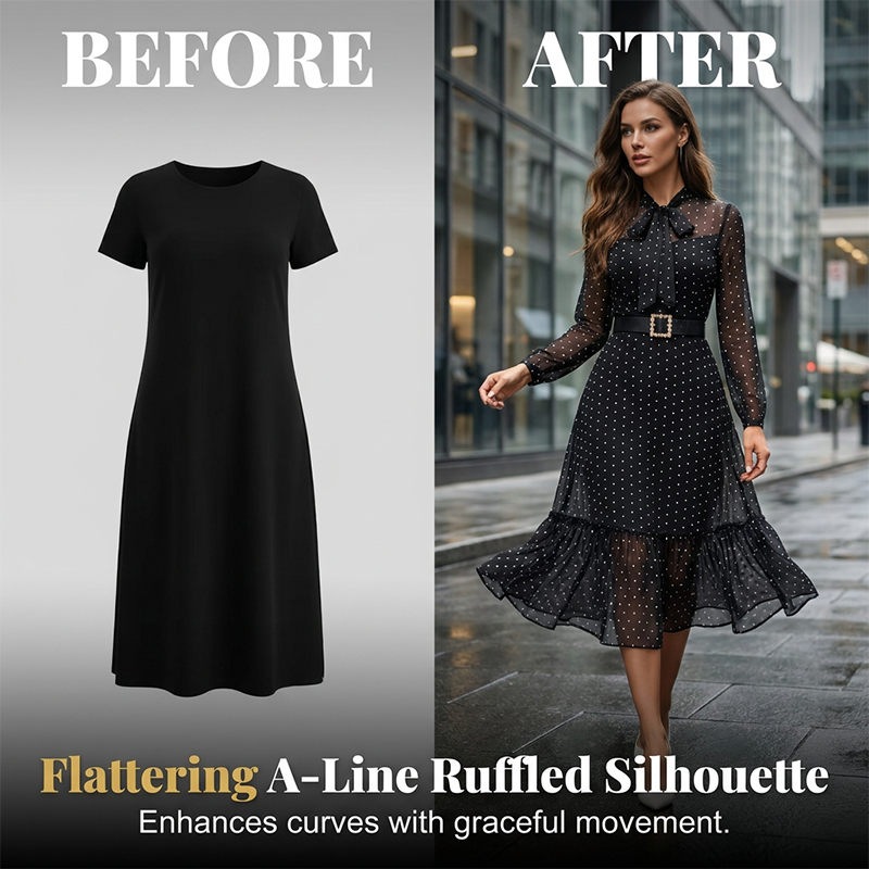 🎀✨ PROMO FLASH 50% ! Robe Mi-Longue Élégante à Pois et Col Lacet – Coupe A, Manches Transparentes, Style Intemporel pour Occasions Chic 👗
