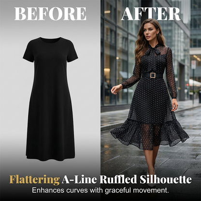 🎀✨ PROMO FLASH 50% ! Robe Mi-Longue Élégante à Pois et Col Lacet – Coupe A, Manches Transparentes, Style Intemporel pour Occasions Chic 👗