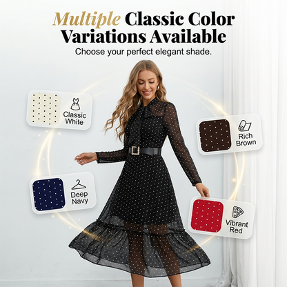 🎀✨ PROMO FLASH 50% ! Robe Mi-Longue Élégante à Pois et Col Lacet – Coupe A, Manches Transparentes, Style Intemporel pour Occasions Chic 👗