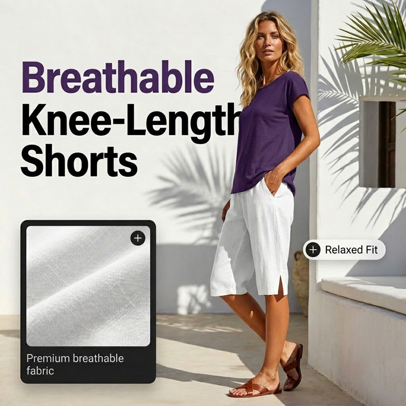 Short femme coton et lin longueur genou