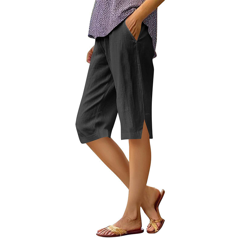 Short femme coton et lin longueur genou